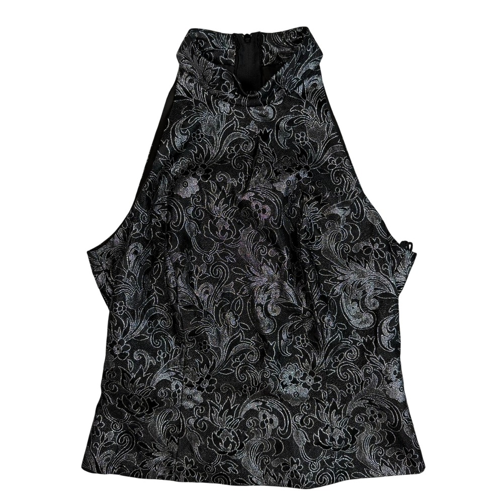 Michaelangelo Vintage Y2K Party Women Halter Top Black Silver Metallic Brocade